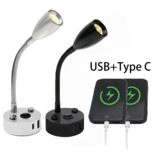 Gooseneck 12V RV Reading Light with USB Type C Quick Charger Flexible 24 Volt Li (6000K)