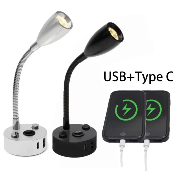 Gooseneck 12V RV Reading Light with USB Type C Quick Charger Flexible 24 Volt Li (6000K)