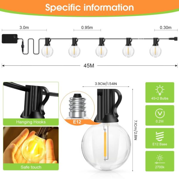 50-200 FT Festoon String Lights Outdoor Mains Powered Garden Globe LED G40 Bulbs [Color: 45M]
