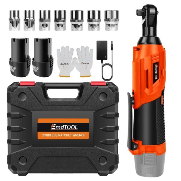 600Nm Electric Cordless Right Ratchet 3/8'' 90 Angle Wrench Power 2x Battery Kit [COLOR orange]
